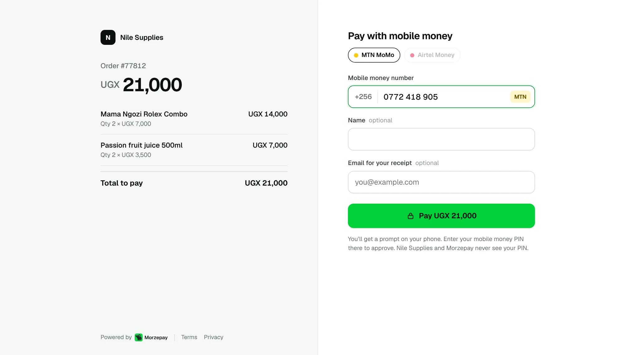 A hosted checkout page: the order summary on the left, and paying with MTN MoMo or Airtel Money on the right.