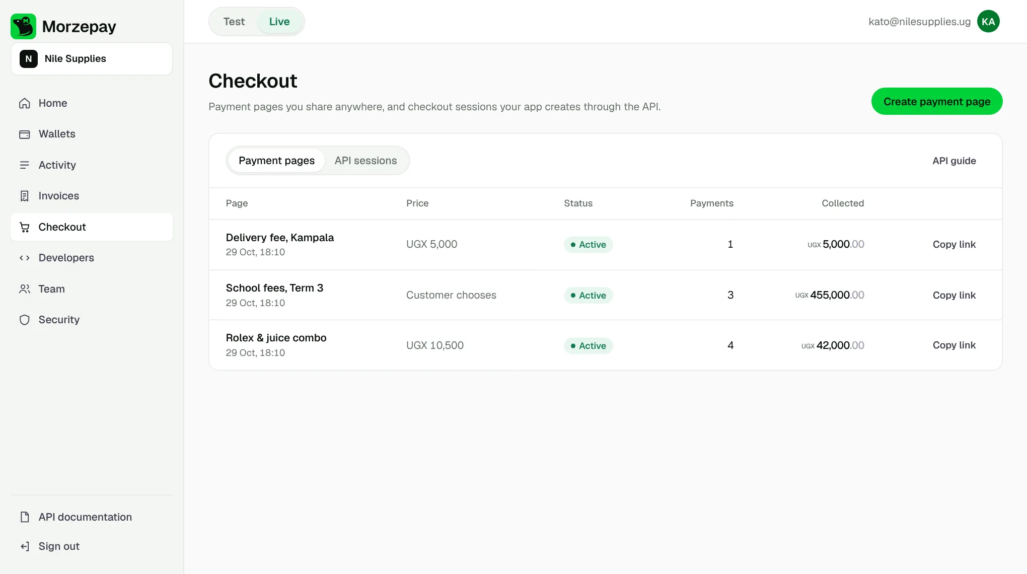 Payment pages: reusable payment links, how many payments each has taken and how much each has collected.